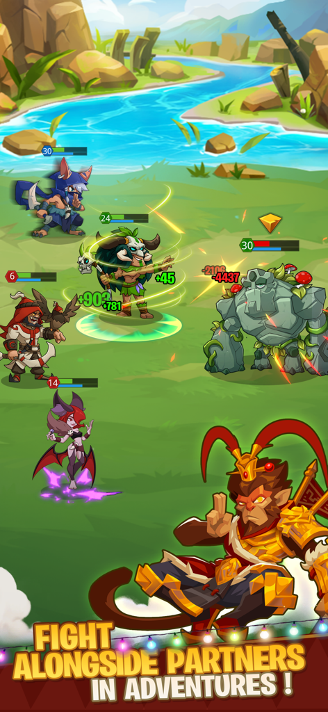 A group of prehistoric heroes battling a giant stone monster in Brutal Age Horde Invasion