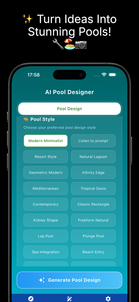 Pool Planner AI - AI Pool Designer interface showing various pool style options like Modern Minimalist and Infinity Edge