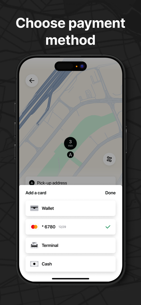 TaxiF app interface displaying payment options including credit card, cash, and wallet.