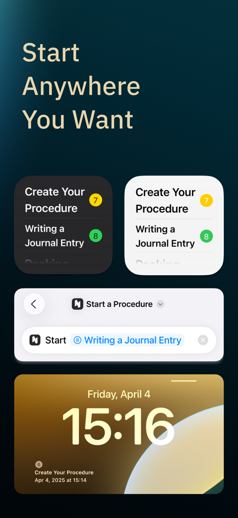 Procedural: System & Routines - Interface do aplicativo Procedural mostrando widgets da tela inicial do iOS e acesso a rotinas na tela de bloqueio