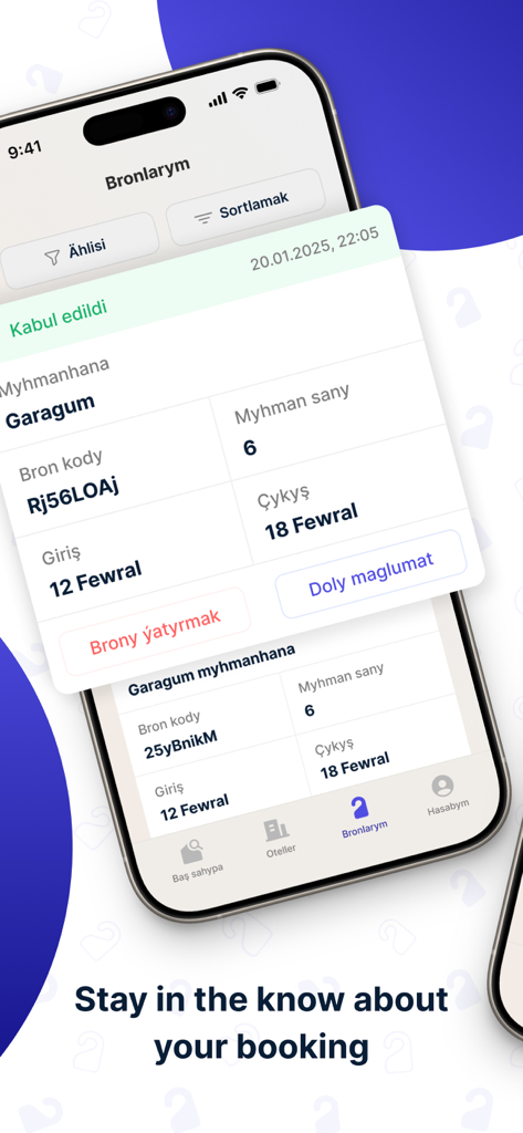 Schermata dell'app mobile Oteller che mostra una prenotazione alberghiera confermata in Turkmenistan