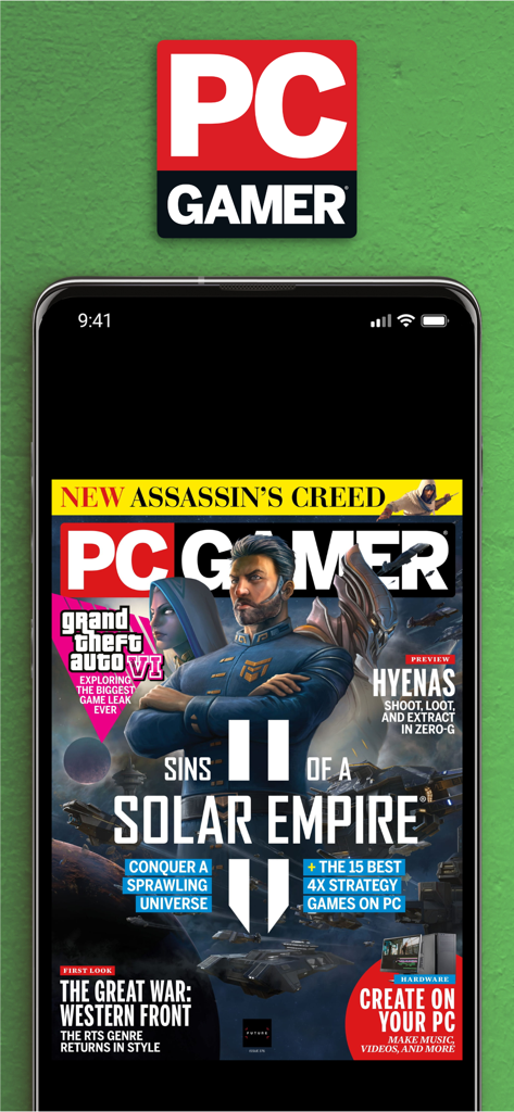 A smartphone screen displaying the digital cover of PC Gamer magazine featuring Sins of a Solar Empire II