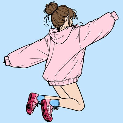 realistic girl jumping with a bun and oversized sweatshirt
