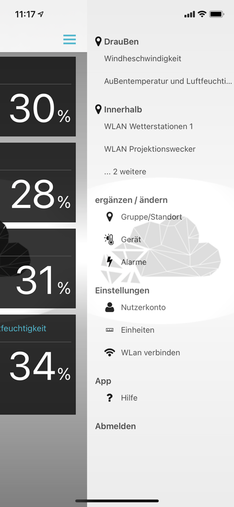 Navigation menu of the TFA VIEW weather app showing device settings and sensor categories