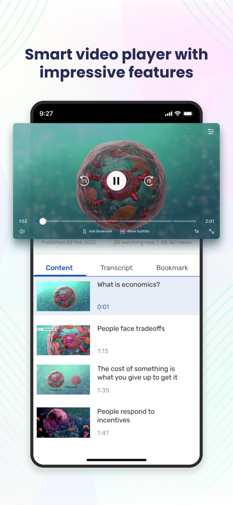 Kitaboo Player mobile app displaying a smart video player with an interactive educational video and a list of lesson content