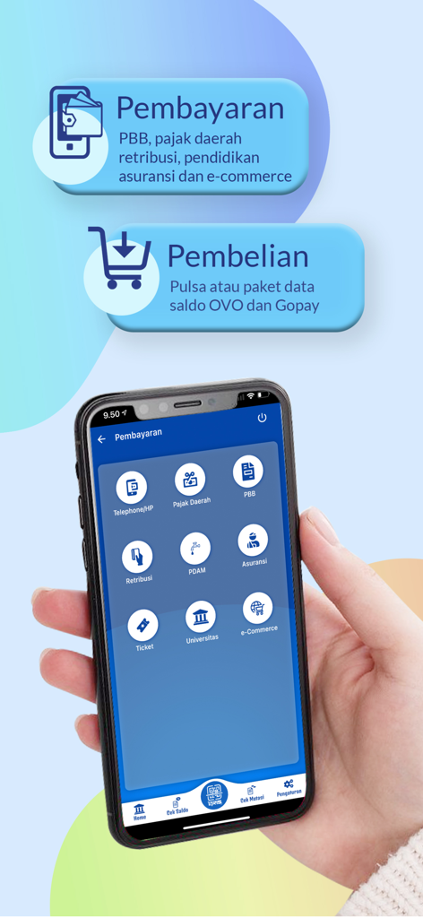 BPDDIY Mobile - BPDDIY Mobile app showing a variety of bill payment and purchase options including local taxes, education, and e-wallets