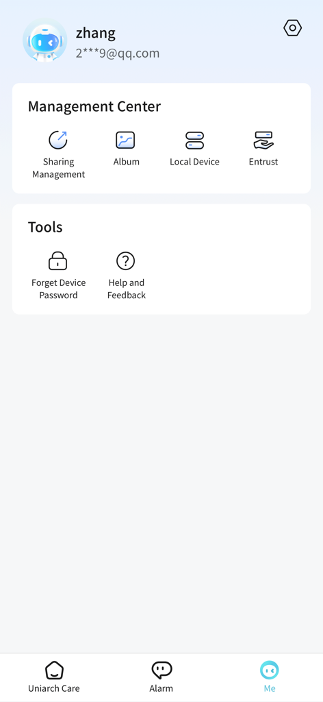 L'écran du profil utilisateur et du centre de gestion de l'application Uniarch Care montrant la gestion du partage et les outils de l'appareil.