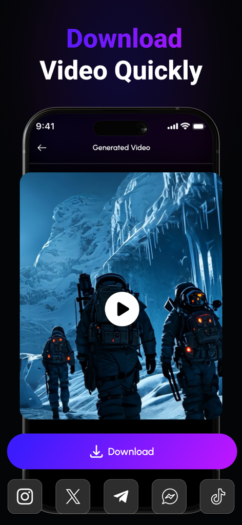 AI Video Generator & AI Maker - AI Video Generator app screen showing a generated video of astronauts with a download button and social media sharing options.