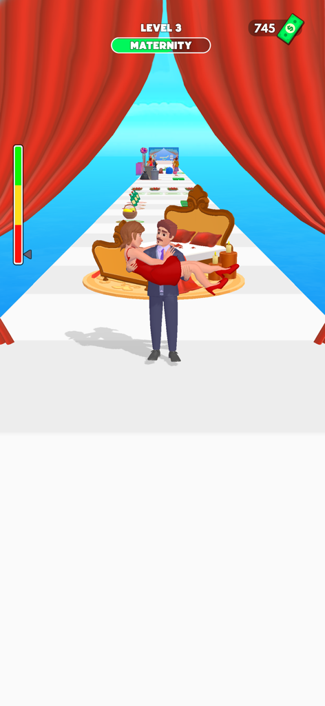 Good Mom Bad Mom Run Games - Gameplay screenshot showing a man in a suit carrying a woman in a red dress during a maternity level path
