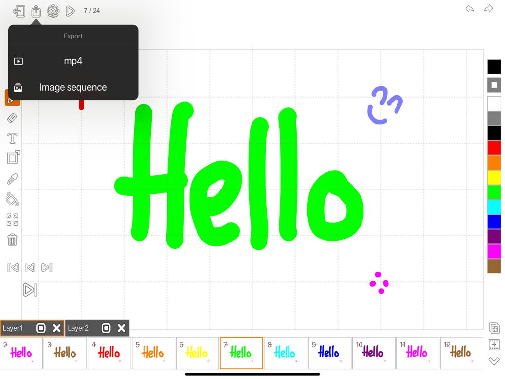 Animator Plus - Animator Plus interface on iPad showing export menu for mp4 and image sequence with a colorful animation timeline