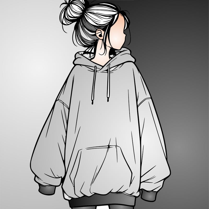 realistic girl with a oversized sweatshirt on and a bun
