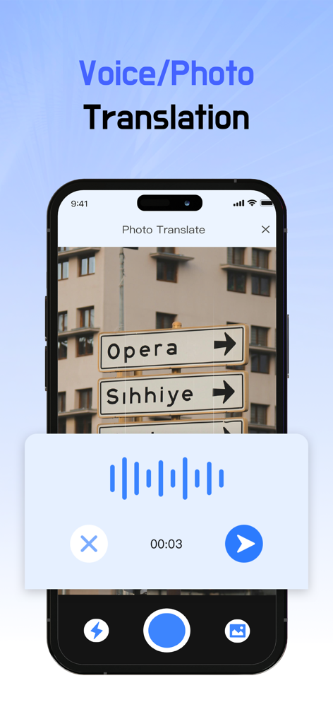 Seer Translator:AI Translation - Seer Translator mobile app interface showing voice and photo translation of street signs