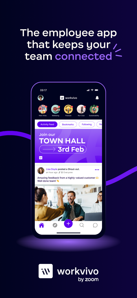 Workvivo - Workvivo mobile app interface showing a company activity feed and employee recognition shout outs