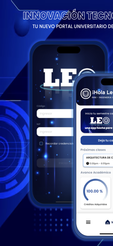 LEO UdeG - LEO UdeG university app showing login screen and student dashboard with academic progress