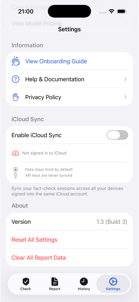 MedicalFactChecker - Settings interface of the MedicalFactChecker app showing options for iCloud sync privacy policy and data management