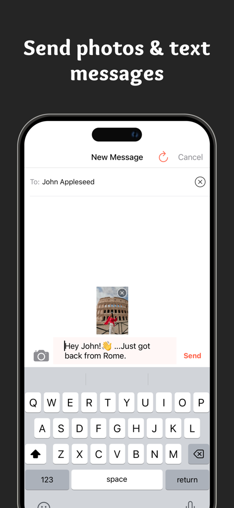 Texter: Second Texting Number - Texter app interface for sending photos and text messages on a second phone line