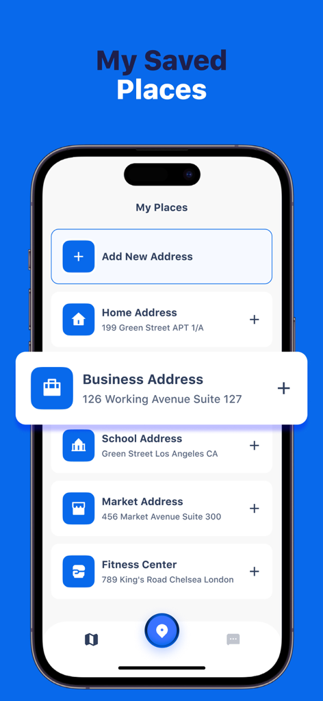 Interfaz de la aplicación LocaTracker que muestra una lista de direcciones guardadas como hogar, negocio y escuela.
