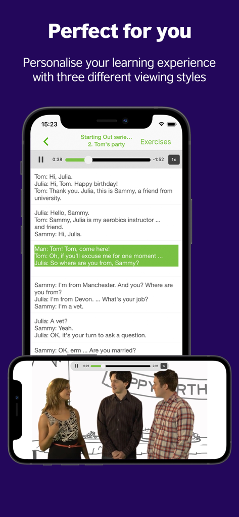 LearnEnglish Videos app interface showcasing interactive scripts and video viewing styles in portrait and landscape modes.