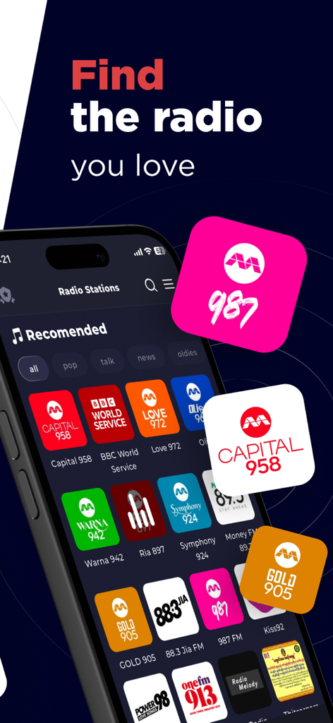 A smartphone screen displaying various Singaporean radio station logos and genre categories in the Radio Singapore FM app