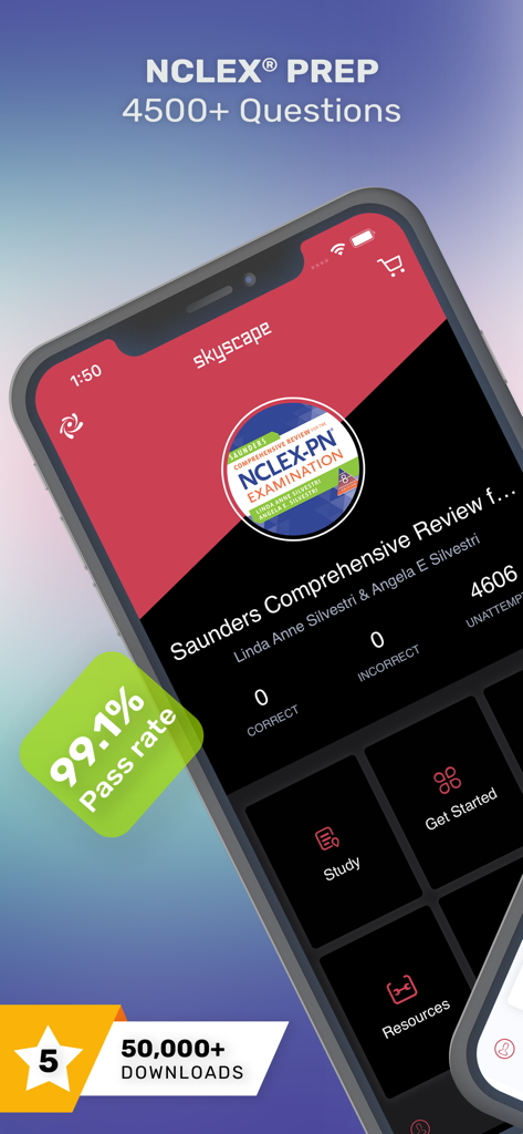 Application de préparation à l'examen Saunders NCLEX-PN montrant plus de 4500 questions pratiques et un taux de réussite de 99,1 %