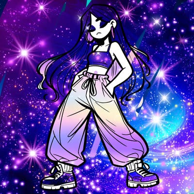 girl in baggy pants crop top and long hair