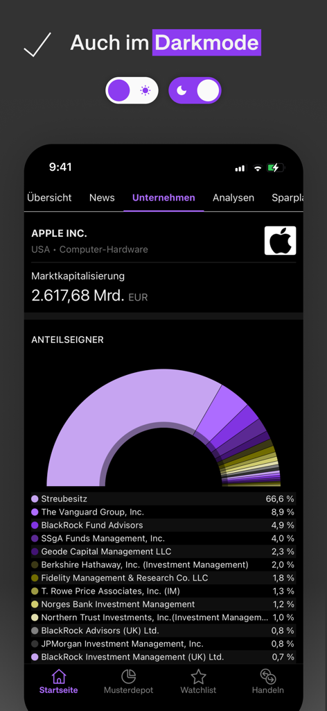 Application onvista en mode sombre affichant les données boursières d'Apple et le graphique des actionnaires