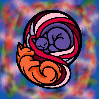 abstract art designed cat curled in a ball seeing reflection of itself