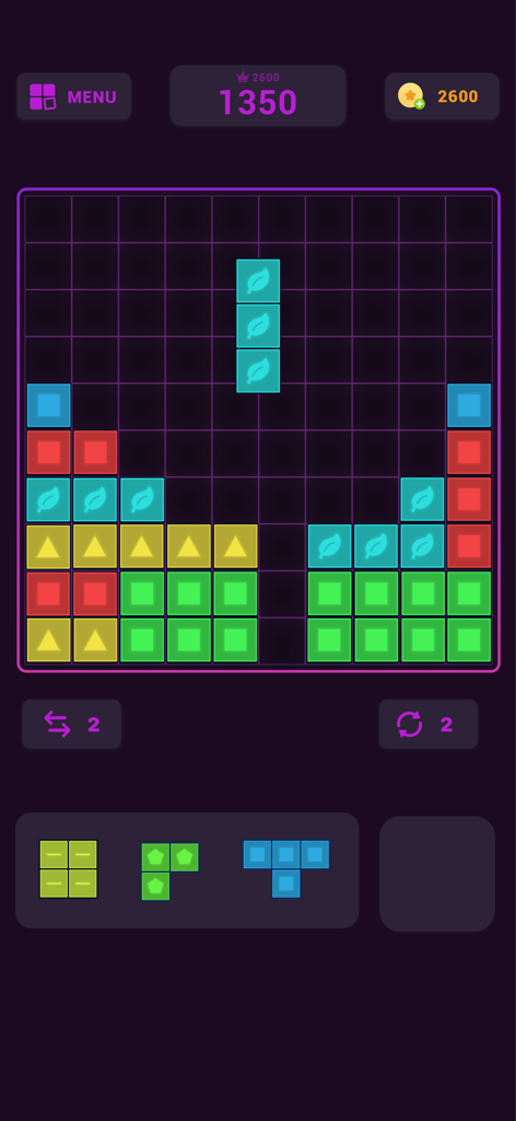 Block Puzzle - Puzzle Games * - Pantalla de juego de un rompecabezas de bloques en modo oscuro mostrando formas geométricas coloridas en una cuadrícula con una puntuación de 1350.