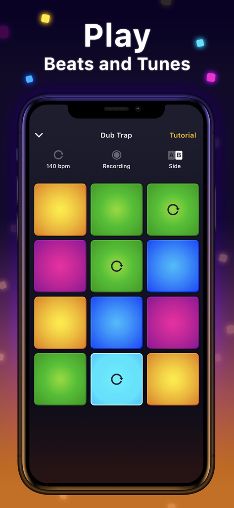 音楽やビートを作成するためのカラフルなドラムパッドグリッドが表示されたスマートフォンの画面。