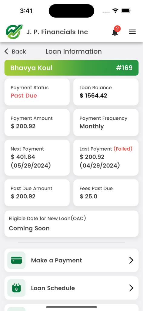 Lending-Hub - A mobile app screen for Lending Hub showing a loan information dashboard with account balance payment status and upcoming payment dates