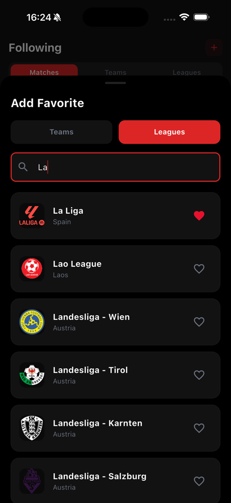 A search screen in the Koora Live app showing a list of soccer leagues including La Liga being added as a favorite.