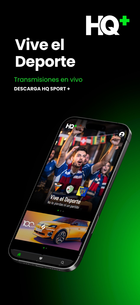 HQ Sport + - Écran d'iPhone affichant l'interface de l'application HQ Sport Plus avec diffusion sportive en direct et fans enthousiastes