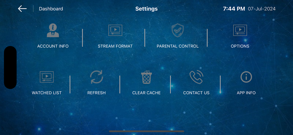 Settings menu of Gamma IPTV Player showing options for account information parental control and stream format