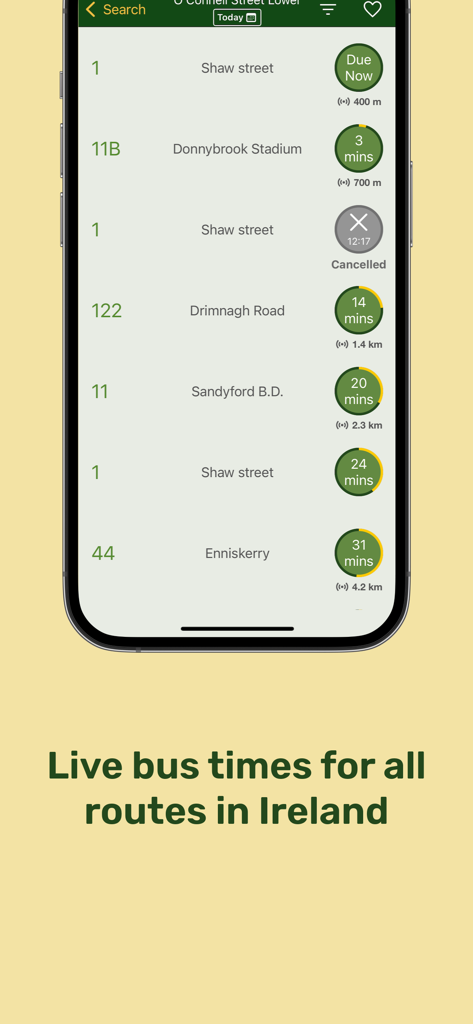 Next Bus Ireland app interface showing live bus arrival times and distances for multiple routes