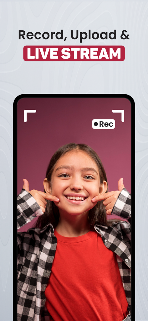 OneStream Live - Un écran de smartphone montrant l'enregistrement en direct d'une jeune fille avec le texte Enregistrer, Télécharger et Diffuser en direct.