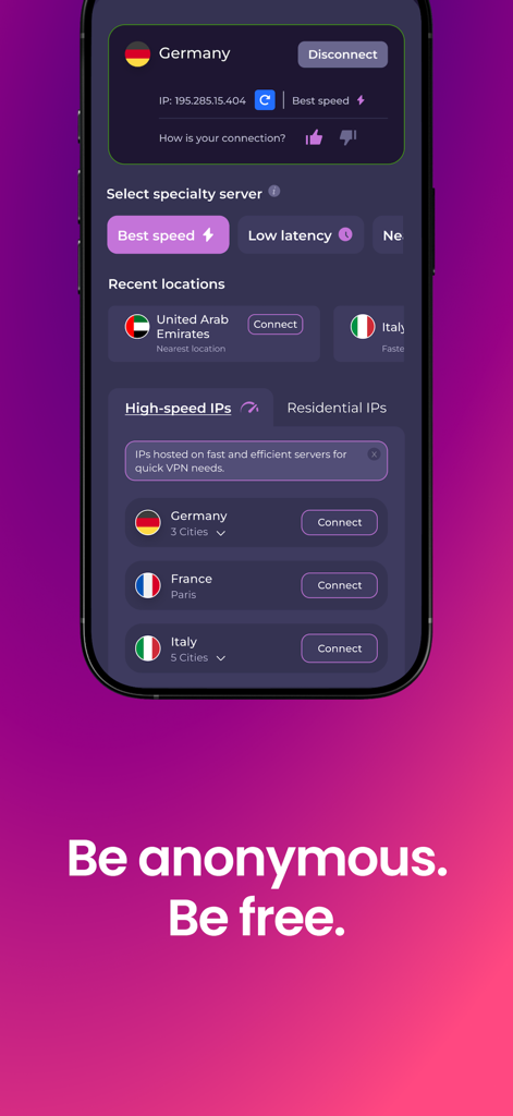 Interfaz de la aplicación Mysterium VPN en iPhone mostrando ubicaciones de servidores y opciones de IP residencial