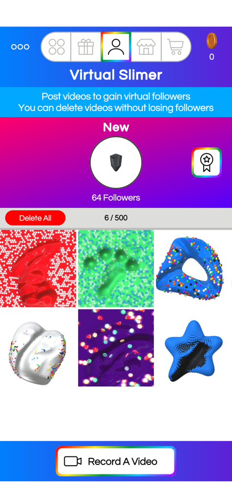 Virtual Slime - La página de perfil del Slimer Virtual mostrando videos de slime grabados y un recuento de seguidores.