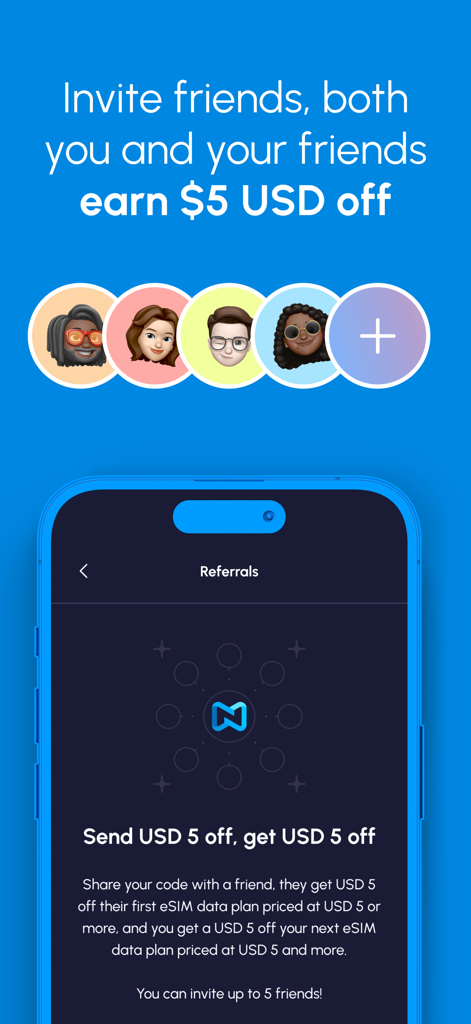 Nomad eSIM: Prepaid Data Plan - Écran de parrainage de l'application Nomad eSIM montrant une offre de réduction de cinq dollars pour inviter des amis.
