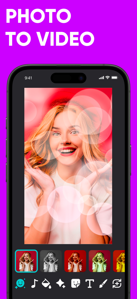 Foto Editor: Effects・EfctPro - Pantalla de smartphone mostrando la interfaz de la aplicación Foto Editor con un filtro bokeh aplicado a una foto y el texto foto a video