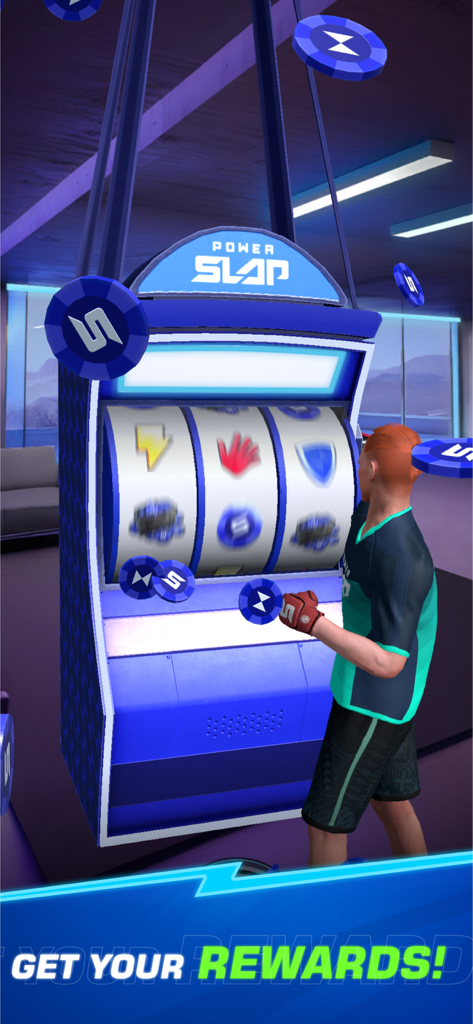 Power Slap - Un personnage de combattant masculin interagit avec une machine à sous bleue de marque Power Slap pour gagner des récompenses.