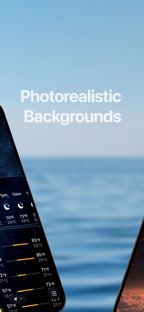A smartphone displaying the Unit Weather app with dual Fahrenheit and Celsius temperatures over a photorealistic ocean background.