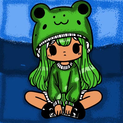 a girl wearing a frog hat and some frog socks