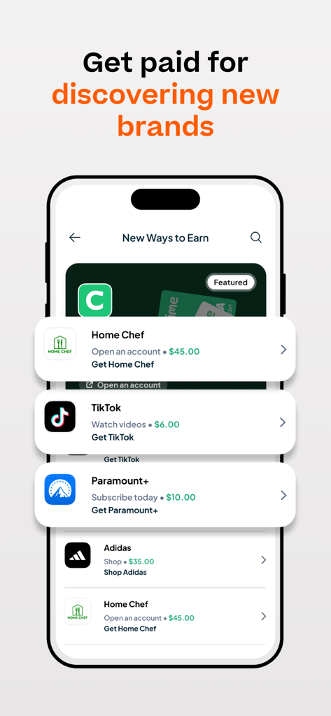 Benjamin - Earn Money Moments - Benjamin app interface showing cash reward offers for discovering brands like Home Chef and TikTok