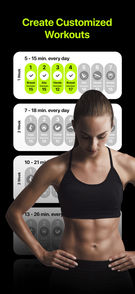 Home Workout Planner - FitFlow - Interfaz de la aplicación FitFlow que muestra un horario semanal personalizado de ejercicios en casa con un modelo de fitness en primer plano