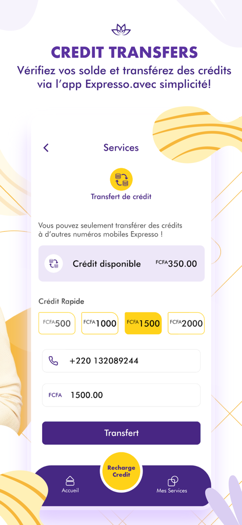 Captura de pantalla de la pantalla de transferencia de crédito de la aplicación My Expresso que muestra opciones para enviar crédito telefónico a otros números