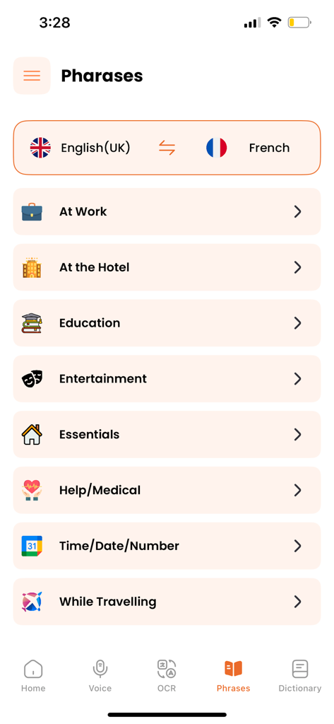 Talkify - AI Voice Translator - A list of translation phrase categories in the Talkify app including Work Hotel Education and Travel