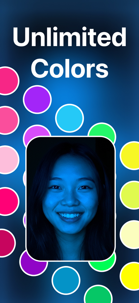 A smiling young woman using GlowCam with a blue mood lighting filter among various color options.
