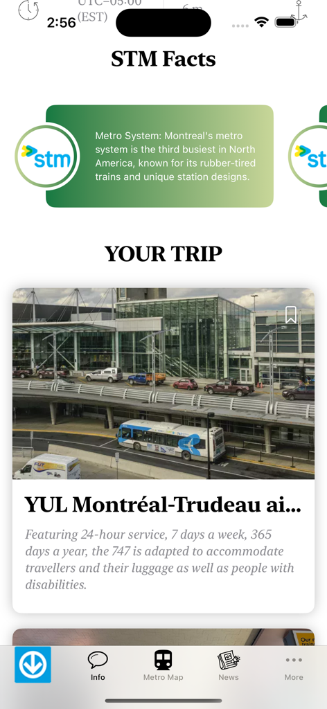 Interfaz de la aplicación Mapa del Metro de Montreal mostrando datos del STM e información sobre el servicio de transporte al aeropuerto Montreal-Trudeau.