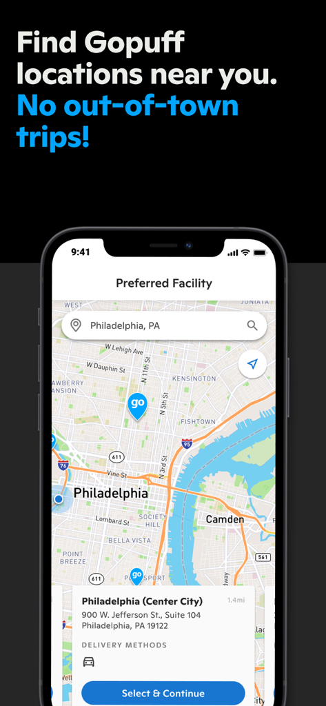 Gopuff Driver - Gopuff Driver App-Oberfläche, die eine Karte von Philadelphia mit einem ausgewählten lokalen Lieferanlagenstandort anzeigt.