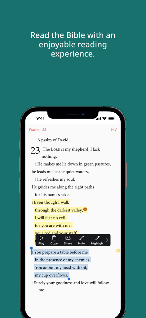 A smartphone displaying the WeDevote Bible app interface with Psalm 23 text highlighted and study tools like share note and copy visible